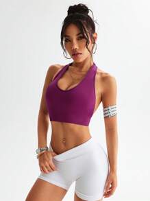 Easithlete Women's Solid Color Halter Sports Bra, For Everyday Fitness - Red Violet - View 5