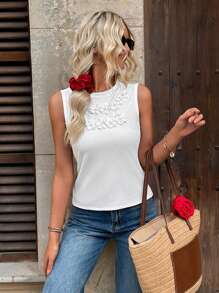 Breezaya Runder Ausschnitt Strick 3D Blumen Mode Minimalistische Frauen Tank Top, perfekt für Dates, Arbeit, Urlaub, Boho/Bohemien, Feiertage, Festivals Alltag - Weiss - Übersicht 3
