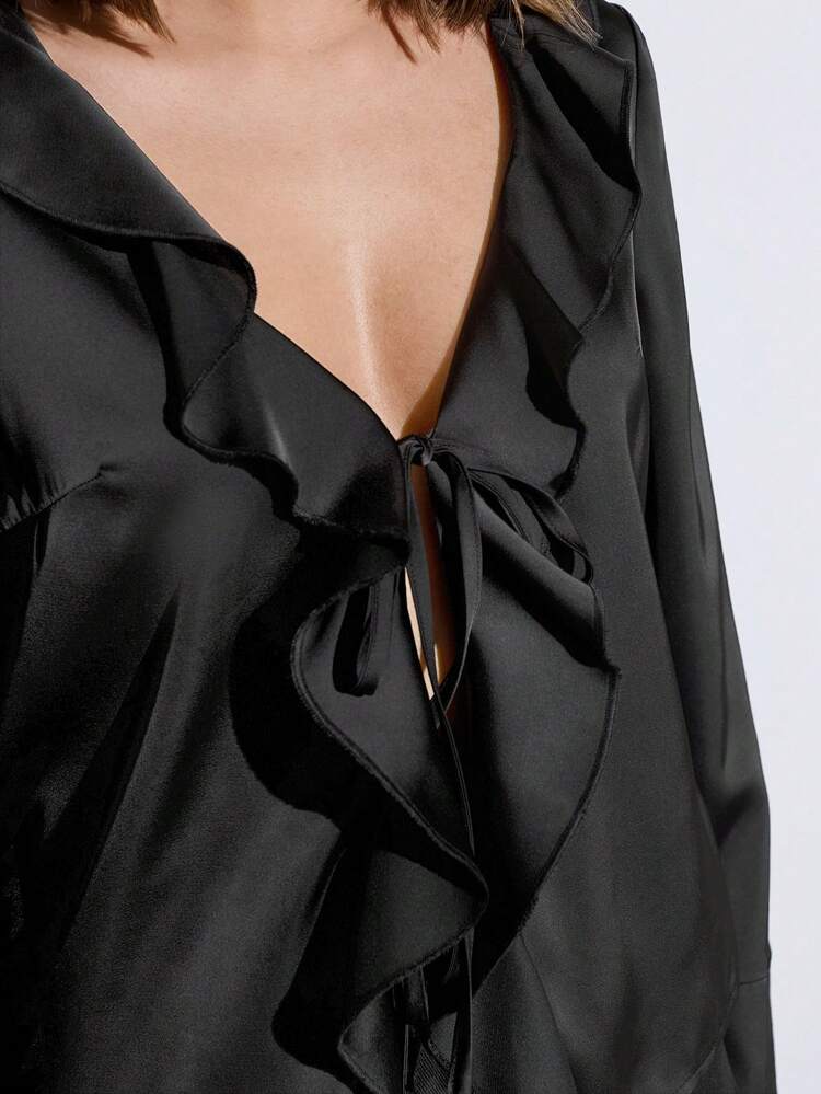 SHEIN Maija Urban Elegant Modern Spring/Summer New Black Ruffle Collar Cinched Waist Slim-Fit Women's Blouse, Versatile For Daily Casual, Romantic Vacation, Suitable For Going Out, Gatherings, Wedding Guest, Vintage Style, Perfect For Valentine's Day