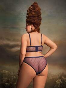 PinupPomp Vintage Palace Gold Lace Polka Dot Mesh Plus Size Lingerie Set - Navy Blue - View 2