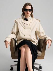 Ontre Giacca da donna stile vintage anni '90, nuova collezione primavera 2025, giacca casual a mezzo giro color albicocca senza collo e doppiopetto - Grigio - Visualizzare 1