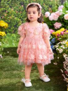 Fern Glow  Babygirl Lovely & Elegant Pink Floral Mesh Summer Dress - Pink - View 4