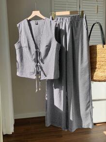 Comfortcana Conjunto de 2 piezas de mujer con blusa sin mangas con lazo frontal y pantalones de pierna ancha a cuadros