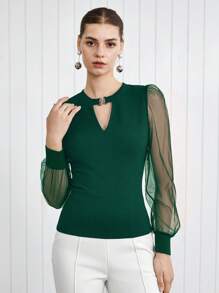 BizChic Summer New Women Crew Neck Metal Button Knit Top, Organza Sheer Green Blouse, Business Casual Daily Commute Wear, Elegant For Beach Holiday, Suitable For Wedding Guest, Country Music Festival, Brunch, Airport, 134S Old Money Stockholm Style, US Independence Day - Dark Green - View 4