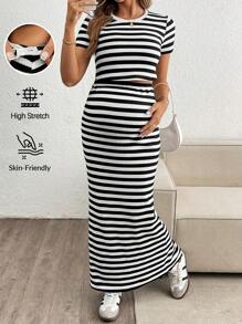 SHEIN 2pcs/Set Maternity Striped Short Sleeve Top And Fishtail Skirt Set - Black and White - View 1