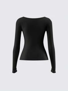 SHEIN BASICS Women's Casual Solid Color Knitted Fitted Long Sleeve Crew Neck Regular T-Shirt Playera Manga Larga Damawhite Top Long Sleevebasic Long Sleeve Tops - Black - View 4