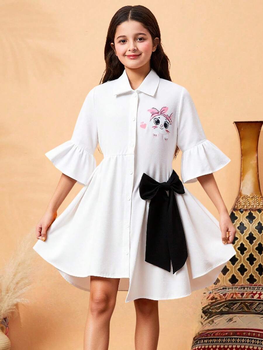 青少年女孩正面纽扣蝴蝶结装饰猫咪印花连衣裙 - 白色 - 查看 1