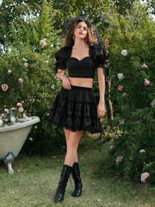 SHEIN MOD Black Organza 2 Pieces Set: Puff Sleeve Bow Chest Cup Cropped Top & Peplum Mini Skirt,Spring/Summer Outfits,Beach Outfits,Brunch Outfits,Spring Break,West,Vacation,Country,Western,Floral,Tropical,Vacation Two Pieces Set,Elegant - Black - View 5