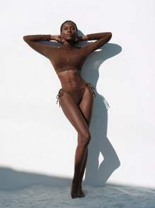 Lumivelle Women's Fashion Stand Collar Long Sleeve Bikini Set For Summer Beach Vacation - Brown - View 4