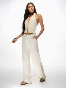 MISSGUIDED Luxury Linen Wide Leg Palazzo Pants Resort Wear Beach Vacation Summer Loungewear High Waisted Casual Elegant Trousers With Side Pockets - Apricot - View 5