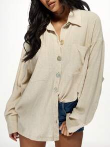 MISSGUIDED Camicione leggero in lino con bottoni, manica lunga, casual, ideale per la transizione dalla primavera all'estate e all'autunno, adatto per l'ufficio e il tempo libero - Cachi - Visualizzare 4
