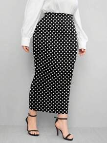 SHEIN Clasi 大码女式波尔卡圆点修身派对、日常、优雅、通勤针织中长裙 - 黑與白 - 查看 1