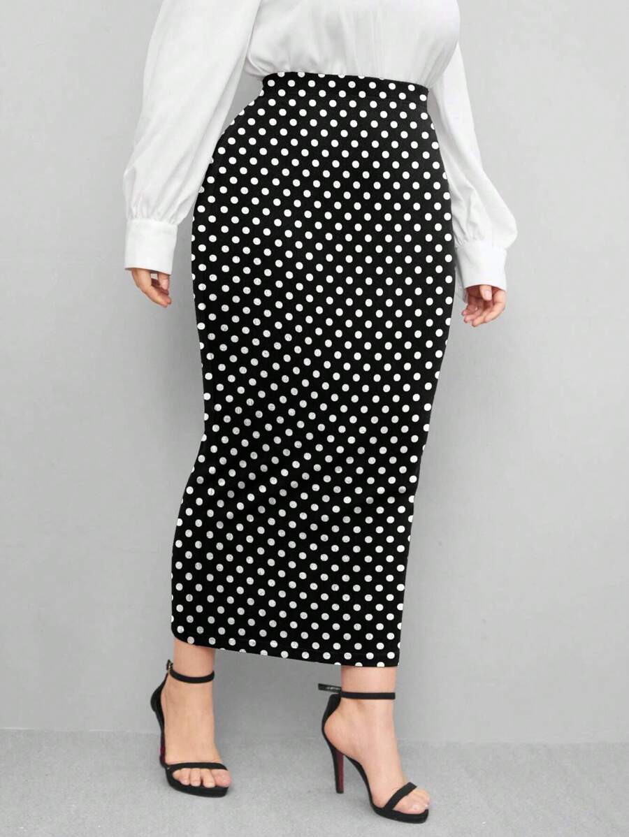 SHEIN Clasi 大码女式波尔卡圆点修身派对、日常、优雅、通勤针织中长裙 - 黑與白 - 查看 1