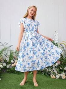 Elegante vestido para niñas adolescentes con estampado floral azul y encaje