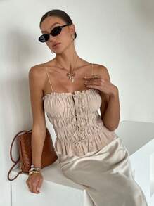 Siren Gaze Women Solid Color Spaghetti Strap Front Tie Casual Tank Top Summer - Apricot - View 5
