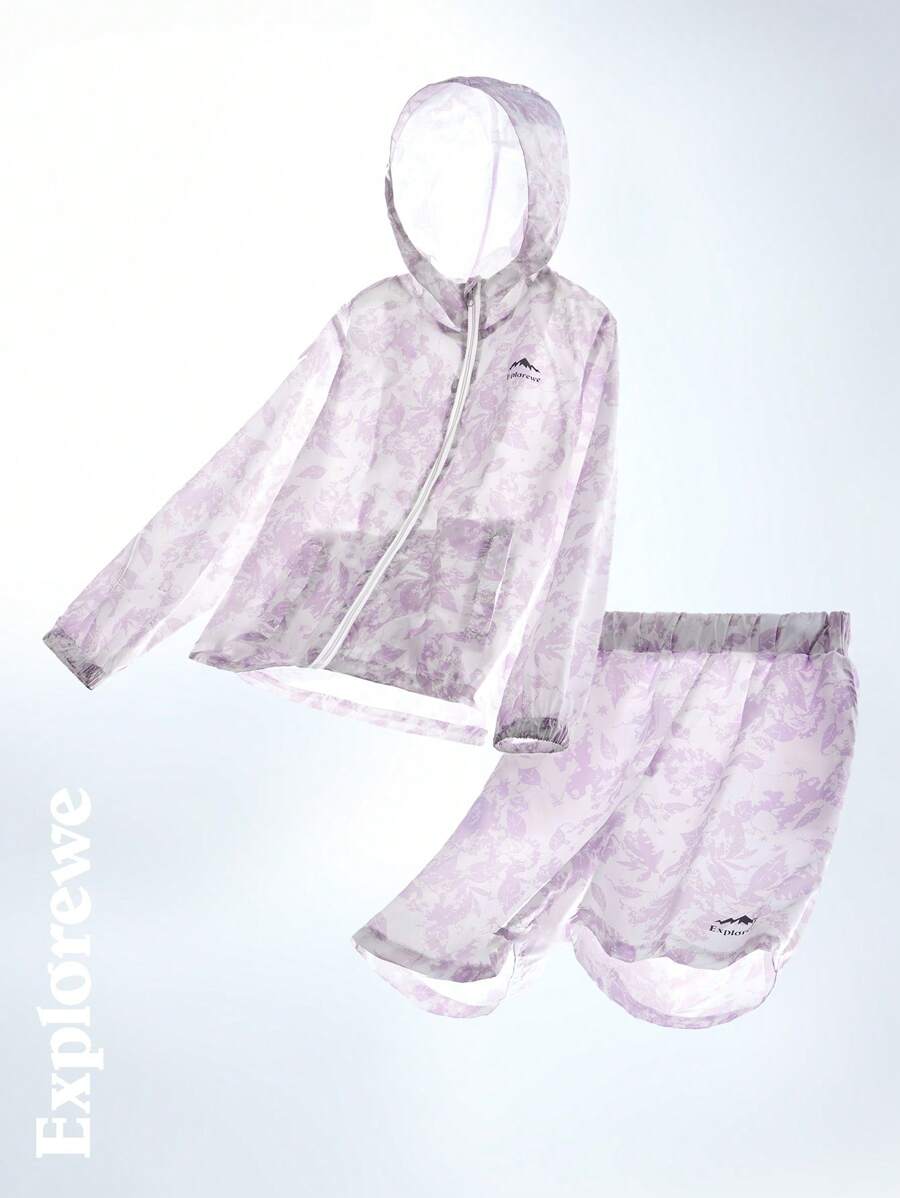 SHEIN 青少年女孩山地字母印花长袖连帽衫和短裤休闲两件套 - 淡紫色 - 查看 1