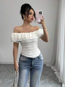 Elenzga Áo thun ren hở vai cao cấp, cạp chun, màu trơn, phù hợp cho mùa hè - Màu be - Xem 7