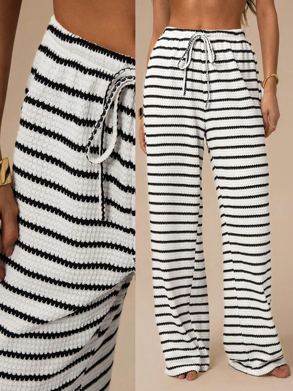 Forever 21 Women's Front Tie Striped Minimalist Casual Pants, Everyday Wear