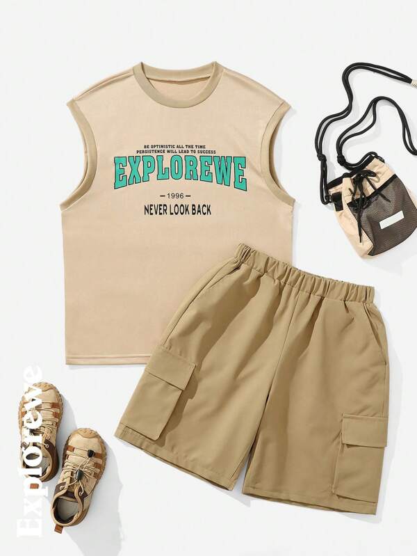 SHEIN 2pcs/Set Teenage Boys' Casual Vest With Multiple Pockets And Pants Suit, Suitable For Outdoor Wear In Summer