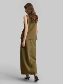Ontre Conjunto de falda y chaleco de cuello cuadrado, de tela de lino, estilo resort, color verde militar, conjunto de uso diario, conjunto de chaleco sin mangas, traje de mujer