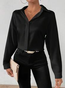SHEIN Women's Solid Color Satin Simple Shirt With Asymmetric Hem Fall Cloth For Women - Black - View 3