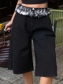 DAZY Hippie Patchwork Plaid Floral Trim Straight Leg Women Denim Shorts For Spring Summer - Black - View 5