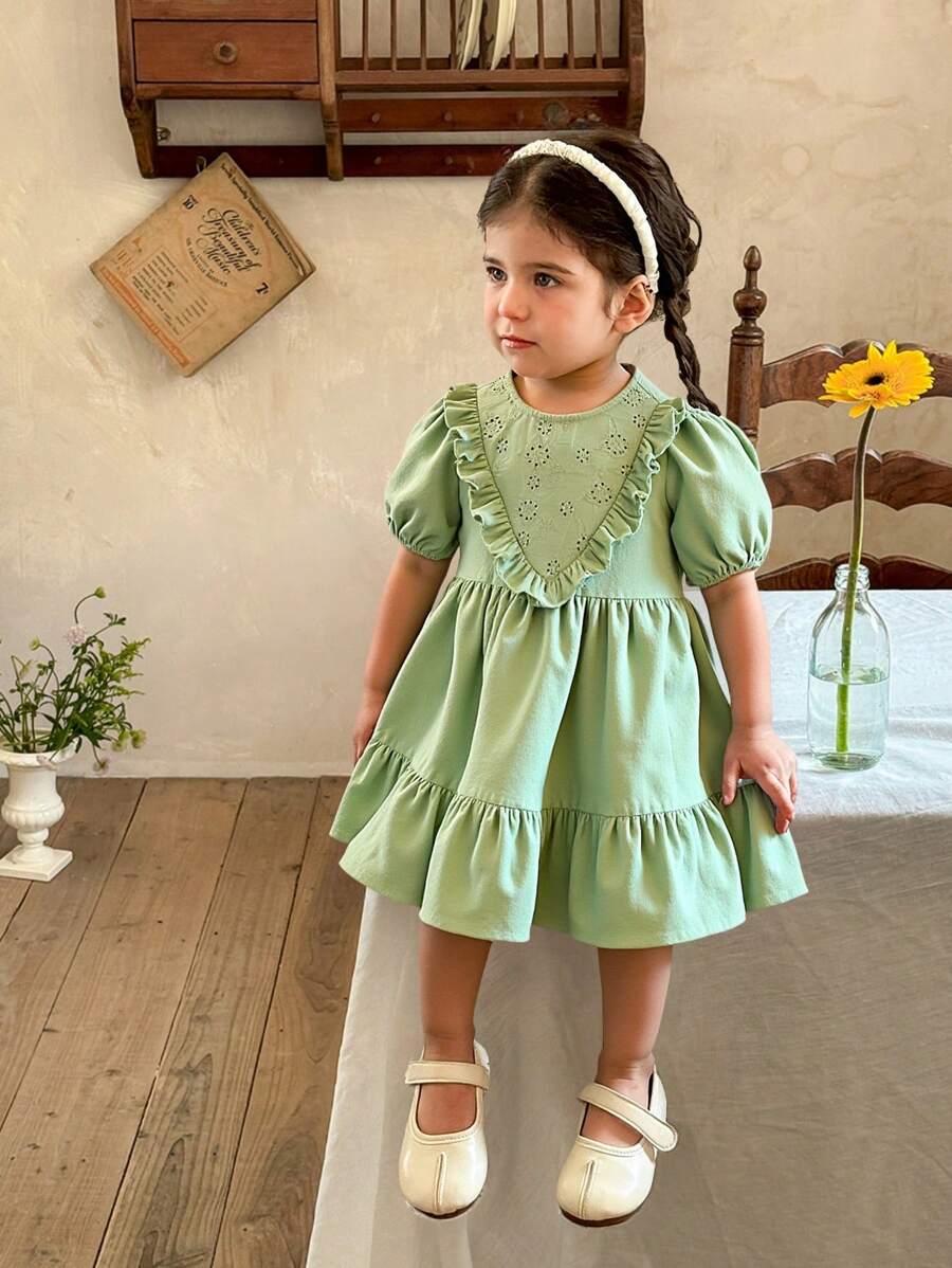 SHEIN LMoss Kids LMoss 女婴夏季可爱度假绿色荷叶边短袖连衣裙 - 綠色 - 查看 1