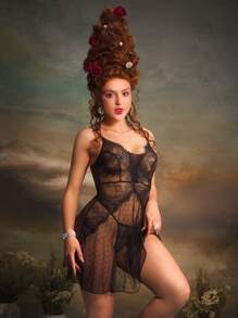 Retro Palace-Style Polka Dot Lace Embroidery Sexy Women Nightgown - Black - View 6