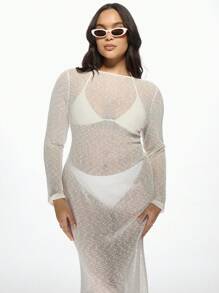 MISSGUIDED PLUS Sparkly Plus Size Long Sleeve Mesh Evening Maxi Dress Transparent Glitter Party Dress Overlay With Bralette Wedding Guest Special Occasion Dress - White - View 3