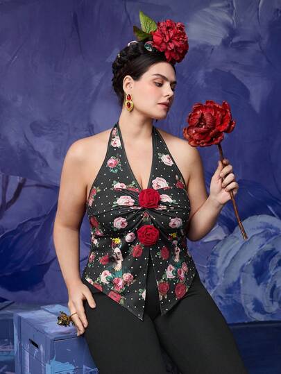 Frida Kahlo X SHEIN Plus Size Elegant Sexy Vacation Women Polka Dot & Portrait Print Halter Neck Sleeveless Spring /Summer Women Tops Boho