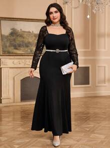 Modelyn Đầm dài tay tối giản cổ tim ren chắp vá cỡ lớn - màu đen - Xem 7