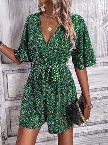 Breezaya All-Over Print Elasticated Waist Romper, Casual Vacation Wear - Green - View 6