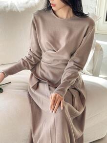 DAZY 2pcs/Set Women Asymmetric Gathered Top & Knit Skirt Suit,Fall Clothes - Brown - View 6
