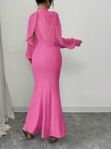Elenzga Elegant Pearl Beaded Collar Mermaid Dress, Autumn Maxi Women Outfit - Hot Pink - View 2