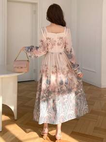 DAZY 女士全花卉泡泡袖方领中长连衣裙，秋季连衣裙长袖连衣裙