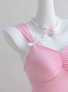 Váy mini màu hồng cho bé gái tuổi teen kèm quần short, bộ áo ba lỗ dệt kim dây nơ, phong cách ngọt ngào & Y2K - Hồng - Xem 8