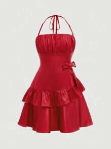 SHEIN Vestido rojo elegante de punto sin mangas con cuello de halter de doble capa para niñas preadolescentes, vestidos para vacaciones, bailes de graduación, vestidos de gala, vestidos de gala cortos para cumpleaños - Burdeos - Ver 2