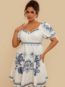 Travachic 大码心形领前系带短袖印花休闲短裙 - 白色 - 查看 1