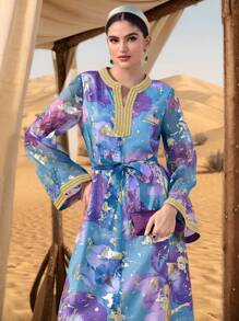 Al Najma 女式印花拼布 V 领长袖简约阿拉伯风格连衣裙 - 藍色 - 查看 2