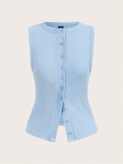 SHEIN BASICS Casual Solid Color Knit Crew Neck Sleeveless Fitted Front Open Women Tank Top/Summer