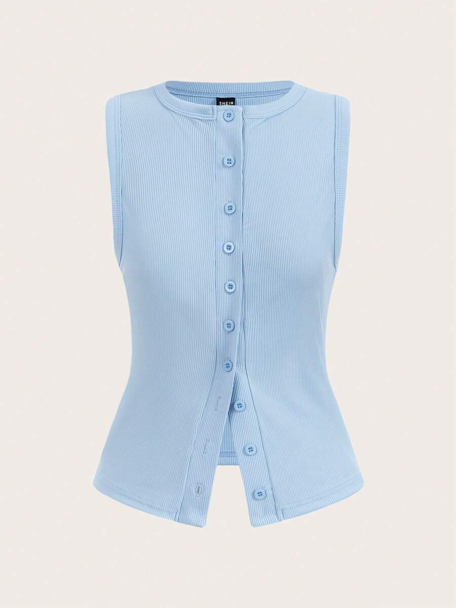 SHEIN BASICS Áo ba lỗ hở lưng không tay cổ tròn dệt kim màu trơn đơn giản dành cho nữ - Màu xanh nhạt - Xem 1