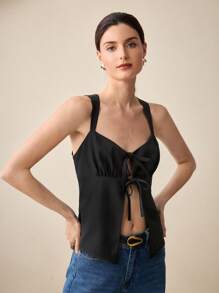 BizChic Blusa casual con cordones y volantes con correa desmontable para mujer, para oficina y uso diario, primavera/verano
