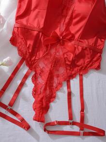 SHEIN 3pcs Curvy Floral Lace Satin Deep V-Neck Hollow Plus Size Sexy Lingerie, Red - Red - View 6