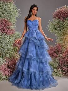 Glamrae Elegant Blue Tube Top V-Neck Digitally Printed Heavy-Duty Whole Piece Pleated Multi-Layer Cake Pagoda Skirt With Adjustable Straps At The Back Suitable For Dates, Vacation Photos, Bachelor Parties, Wedding Events, Graduation And Back-To-School Season Heavy-Duty Dinner Dresses