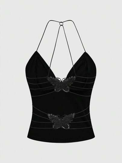 Goth Contrast Lace Sexy Open Back Butterfly Decor Cami Top