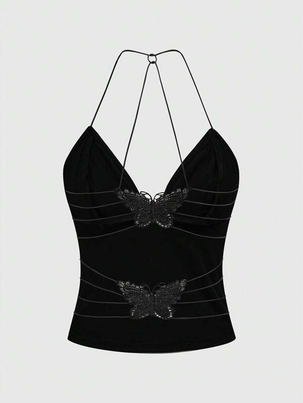 ROMWE Goth Contrast Lace Sexy Open Back Butterfly Decor Cami Top