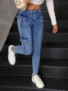 SHEIN Teen Girls' Utility Pockets Stretchy Blue Denim Skinny Pants