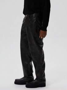 Musero Straight Leg PU Leather Button Fastening Washed Trouser Winter - Brown - View 5