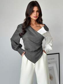 Firerie Áo kiểu nữ tay dài, cổ bẻ, hở vai, phối nhiều mảnh vải, thích hợp cho kỳ nghỉ xuân, phong cách đường phố sành điệu. - Xám - Xem 8