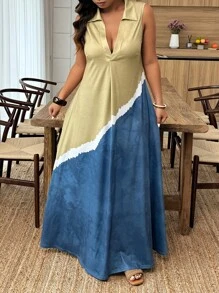 SHEIN LUNE Plus Size Vacation Casual Patchwork Colorblock Dress